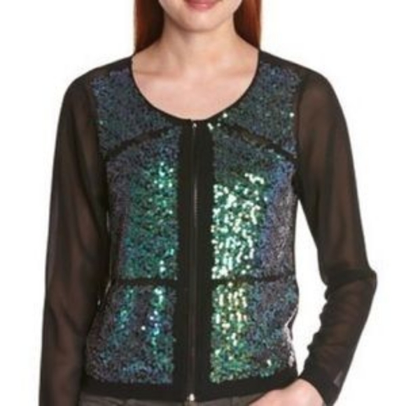 BCBG Mermaid Sequin Sheer Zip Front Bomber Jacket - Picture 3 of 9